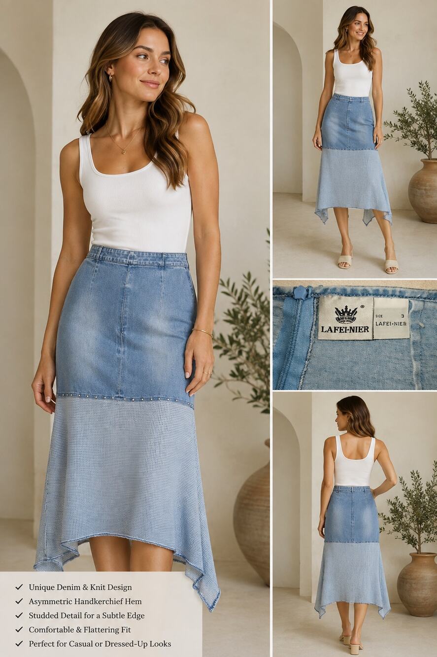 Lafei-Nier Women’s Size 3 Denim Crochet Maxi Skirt Rhinestone Vintage